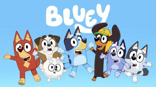 Bluey and friends with logo