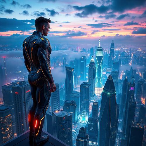Superheroe ciudad futurista
