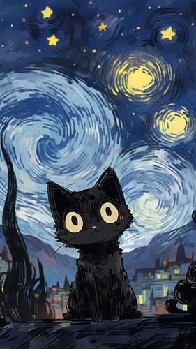 gato con la noche estrellada