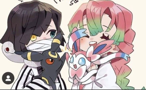 obanai and mitsuri with sylveon and ombreon
