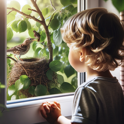 child staring at a nest